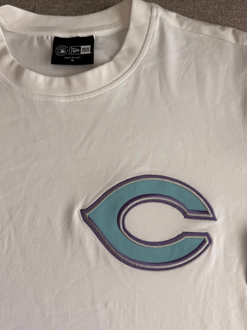 MLB Cincinnati Reds New Era White Tee with Aqua and Purple Logo Accent